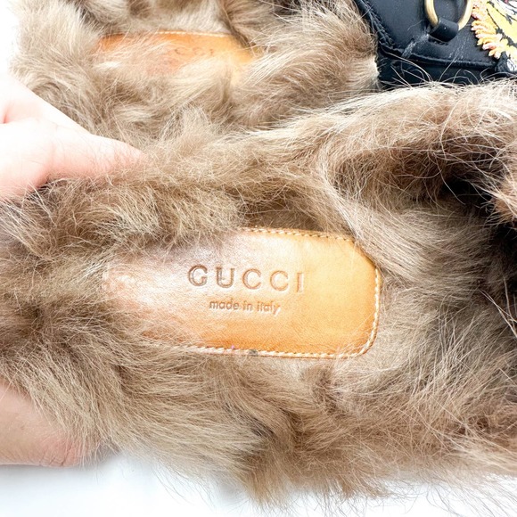 Gucci Princetown Tiger Fur Lined Round Toe Horsebit Canvas Flat Loafer Mules - Picture 9 of 13